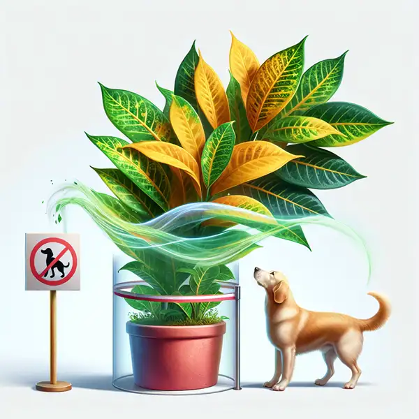 a dog watching croton plants in a pot to eat or play with