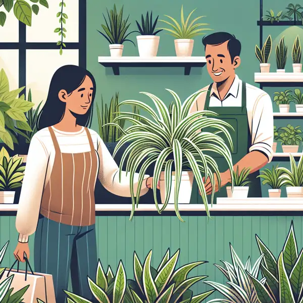 a girl purchasing spider plant from a plants store