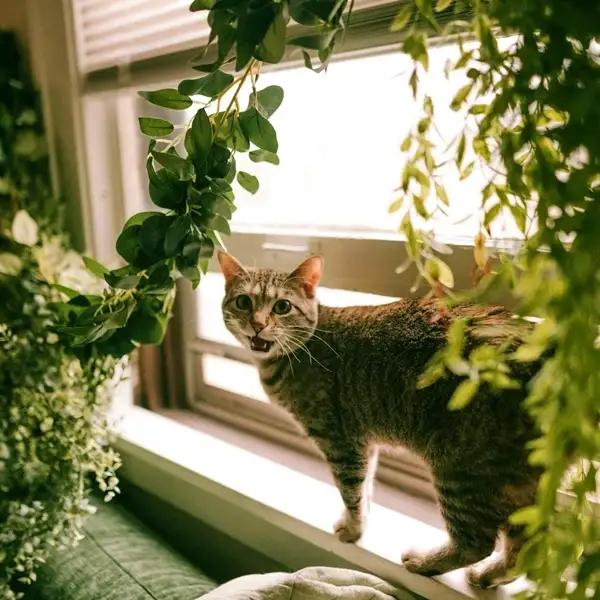 a pet cat playing near croton plants indoors