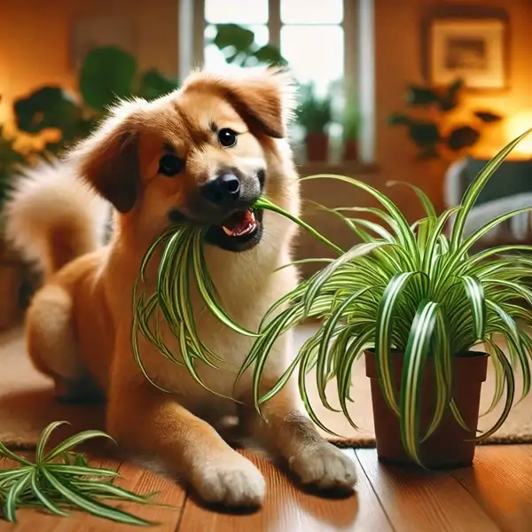 dog eating spider plant in home