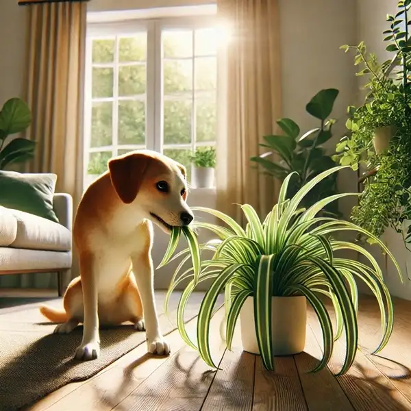 dog playing with spider plant indoors